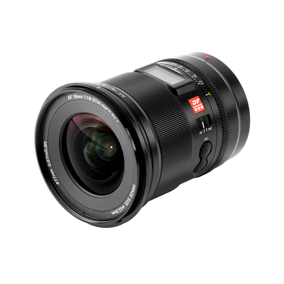 Viltrox AF 16mm f/1.8 Z Nikon lens, angled view of the front element and AF/MF switch
