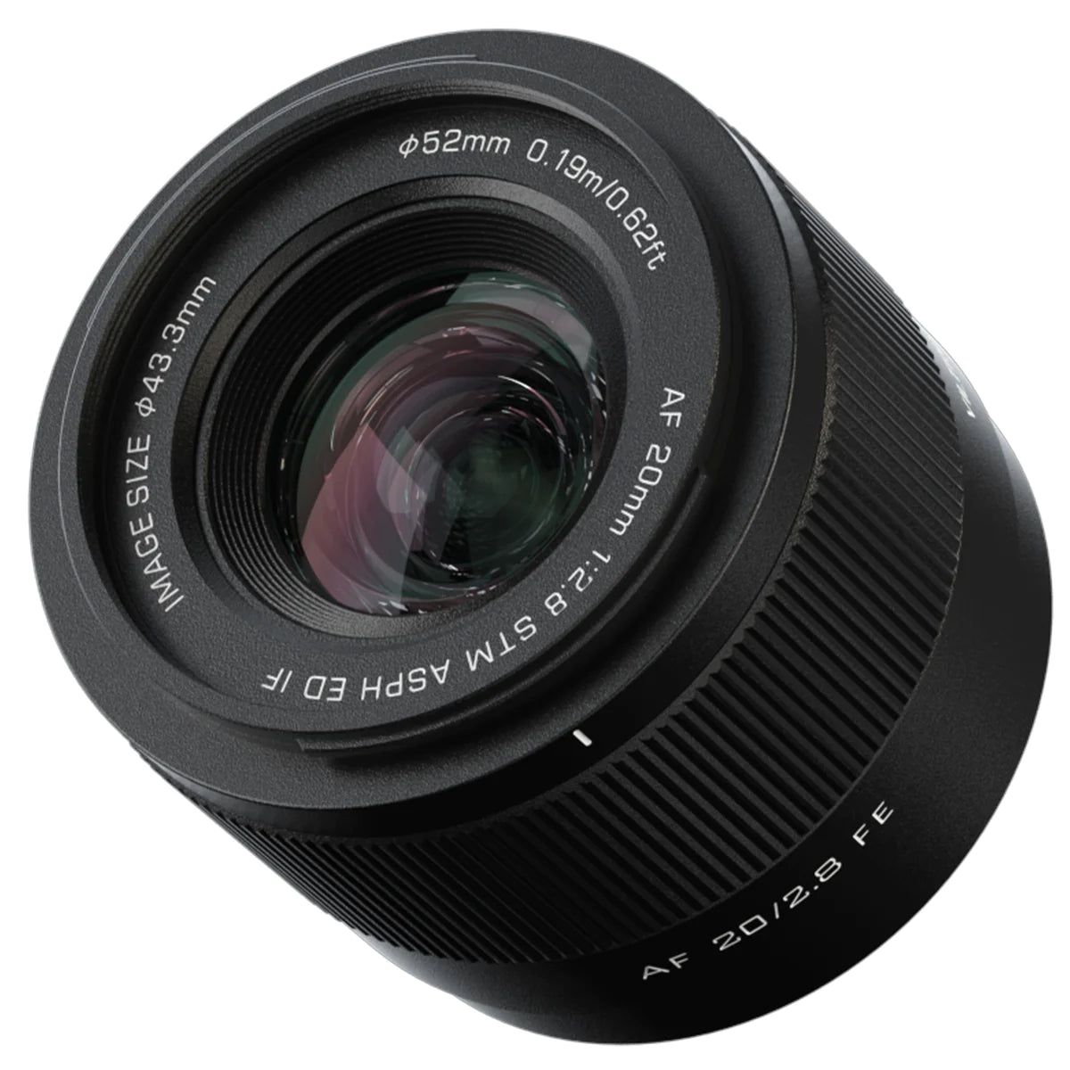 Viltrox AF 20mm f/2.8 FE full-frame lens, angled view of the front element
