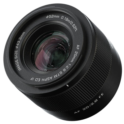 Viltrox AF 20mm f/2.8 FE full-frame lens, angled view of the front element