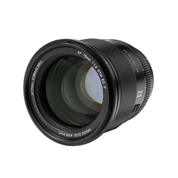 Viltrox AF 75mm f/1.2 Pro lens, angled view of the front element and 77mm filter thread