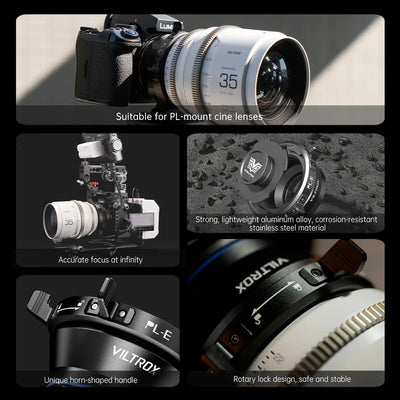 Viltrox Z-Move PL adapter on a Lumix camera with a PL cine lens, and close-ups of the rotary lock