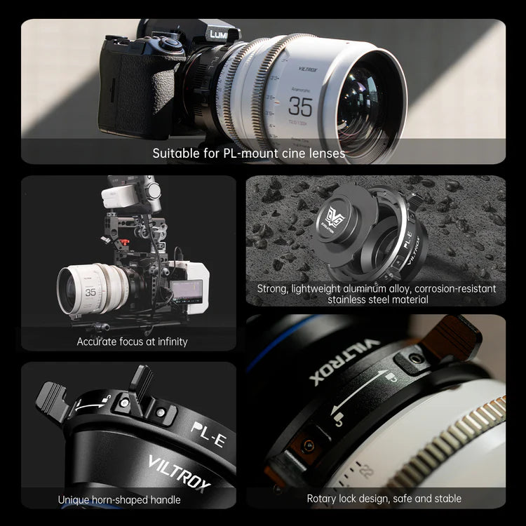 Viltrox Z-Move PL adapter on a Lumix camera with a PL cine lens, and close-ups of the rotary lock
