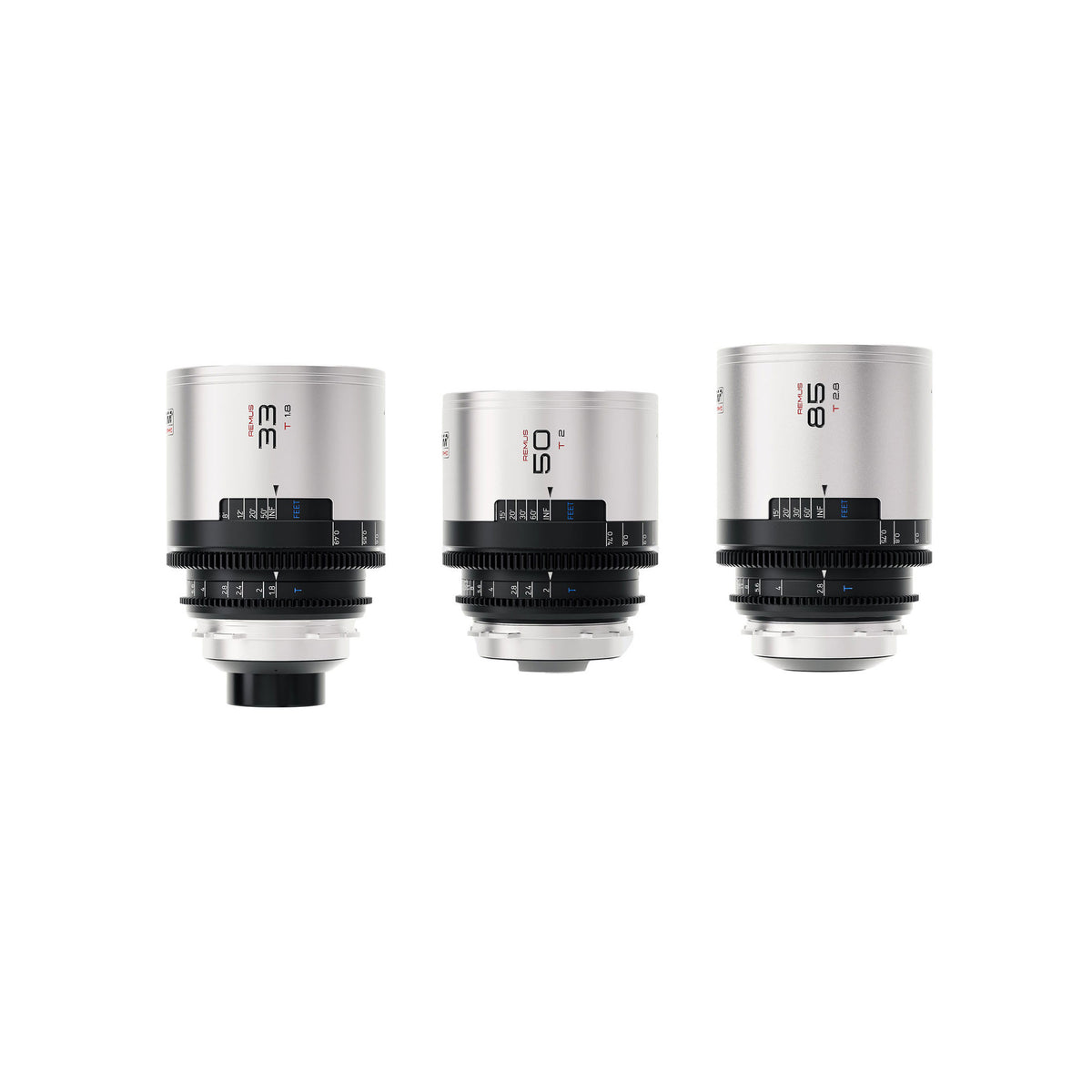 Blazar Remus 33, 50 and 85mm 1.5x anamorphic cine lens set in silver