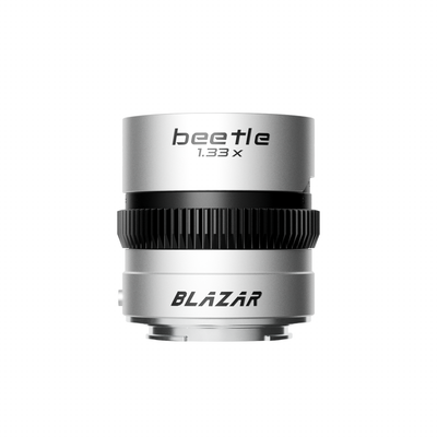 Blazar Beetle 1.33x anamorphic lens in silver with gear ring, rear view
