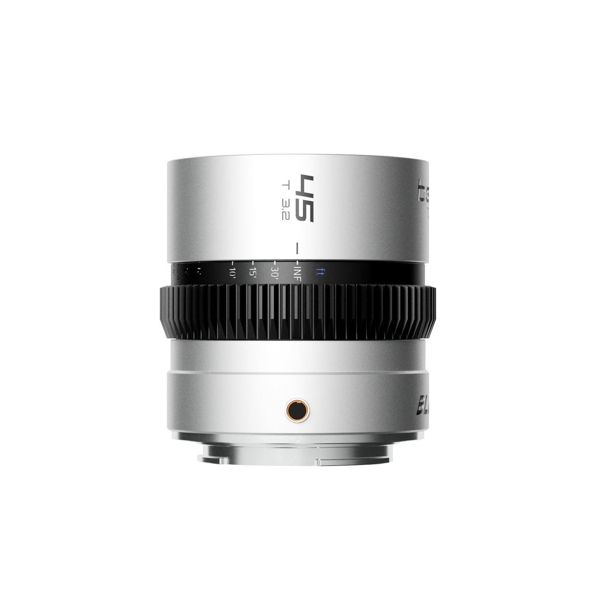 Blazar Beetle 45mm T3.2 full-frame 1.33x anamorphic lens in silver, front view
