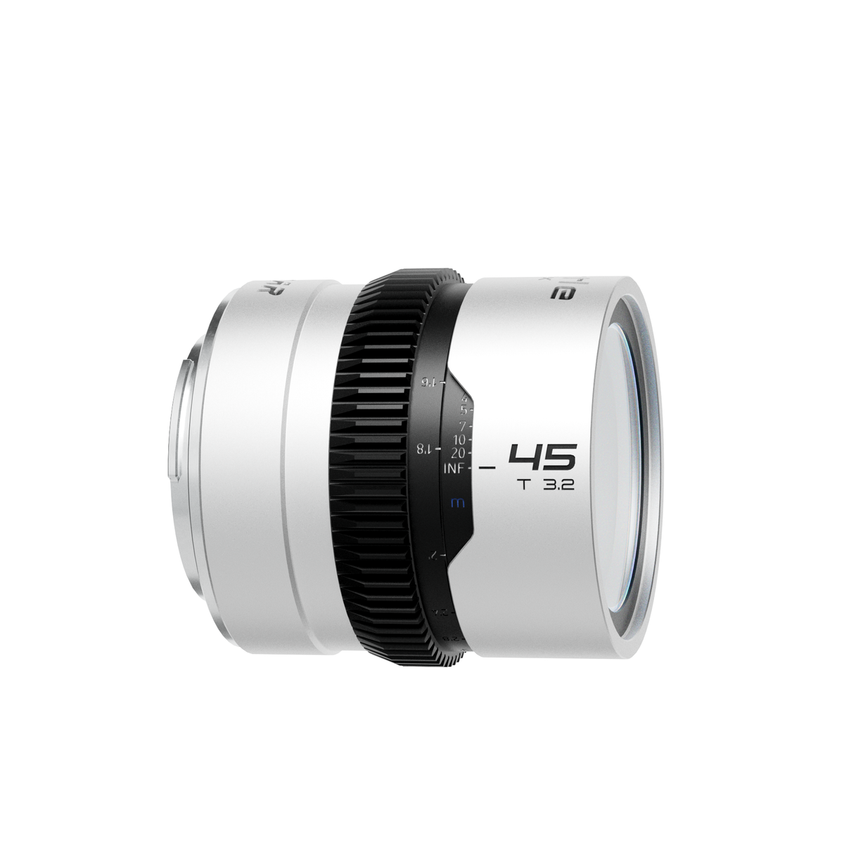 Blazar Beetle 45mm T3.2 silver anamorphic lens, angled front view