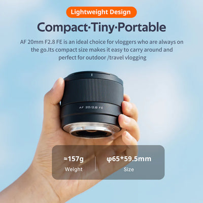 Viltrox Air AF 20mm f/2.8 held in one hand, 157g and 65 x 59.5mm