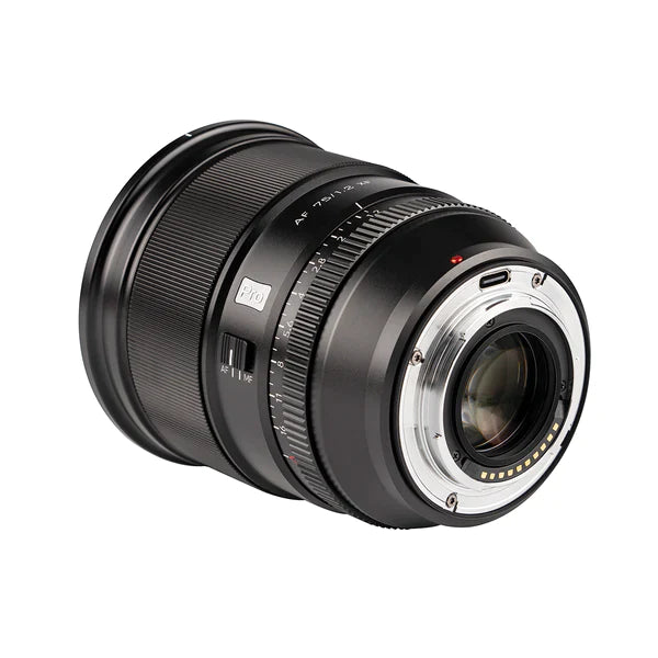 Viltrox AF 75mm f/1.2 Pro lens, rear view with AF/MF switch and USB-C port