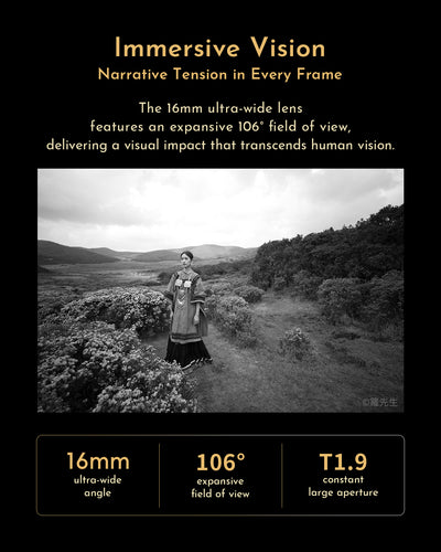 Woman in traditional dress on a hillside, 106 degree view from the Thypoch Simera-C 16mm