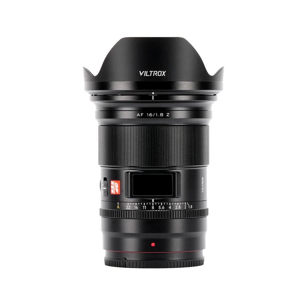 Viltrox AF 16mm f/1.8 Z full-frame wide-angle autofocus lens for Nikon Z, with petal hood