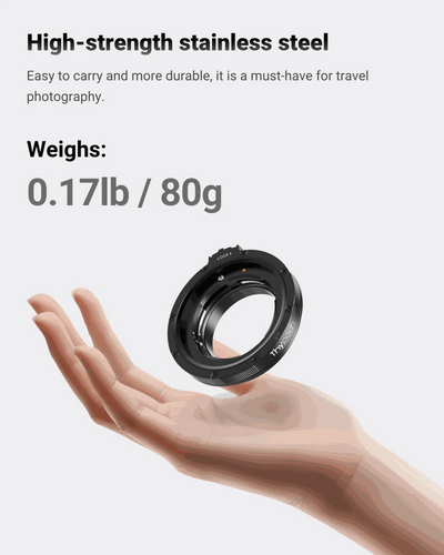 Thypoch stainless steel adapter ring weighing 80g, floating above a hand
