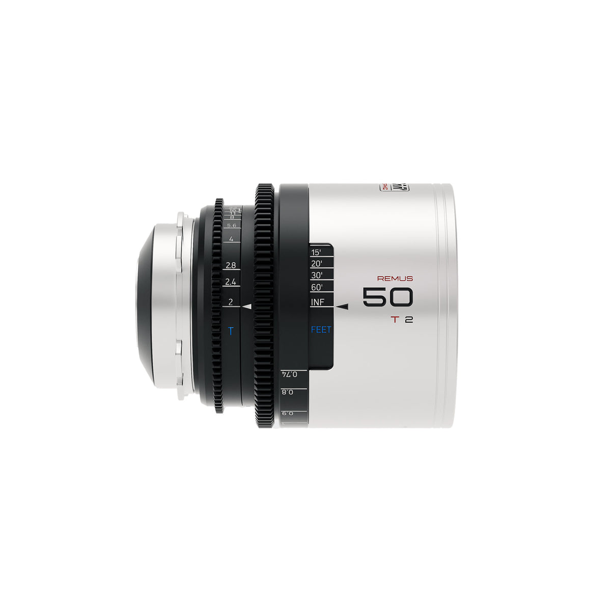 Blazar Remus 50mm T2 anamorphic lens, side view with feet scale