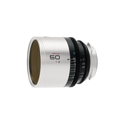 Blazar Remus 50mm T2 anamorphic lens, angled view of the front element