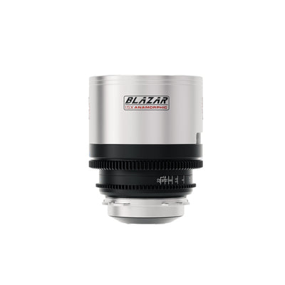 Blazar 1.5x anamorphic lens in silver with logo, front view