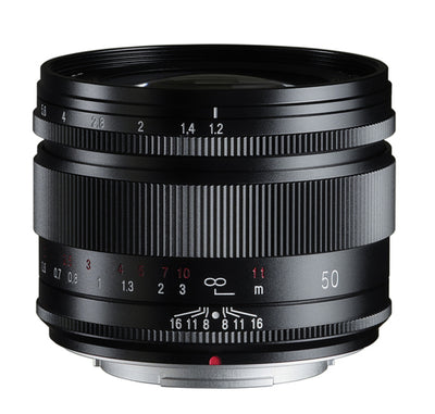 Voigtlander Nokton 50mm f/1.2 lens for Fujifilm X, black, side view with scales