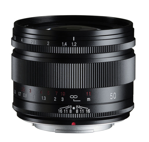 Voigtlander Nokton 50mm f/1.2 lens for Fujifilm X, black, side view with scales