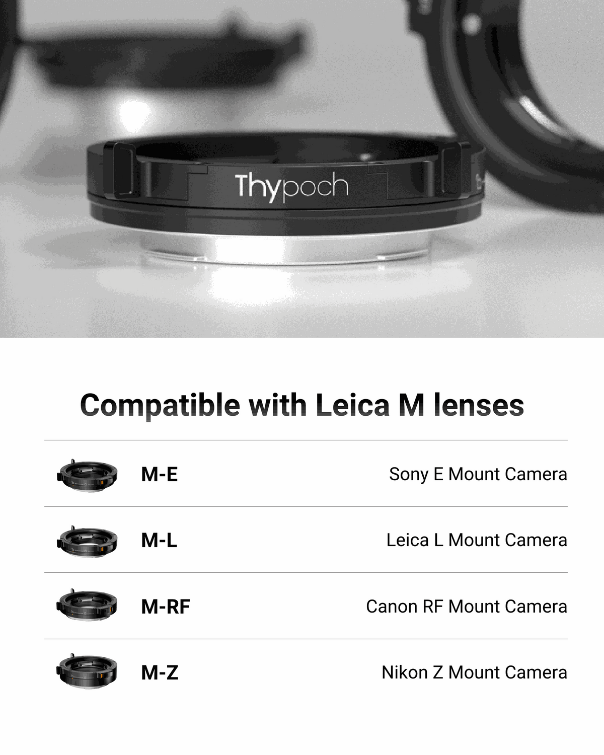Thypoch Leica M adapter compatibility: M-E Sony, M-L Leica L, M-RF Canon, M-Z Nikon
