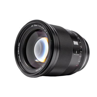Viltrox AF 75mm f/1.2 Pro APS-C autofocus portrait lens, angled view of the front element