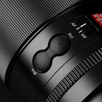 Viltrox AF 16mm f/1.8 Z close-up of the Fn1 and Fn2 custom buttons and AF/MF switch