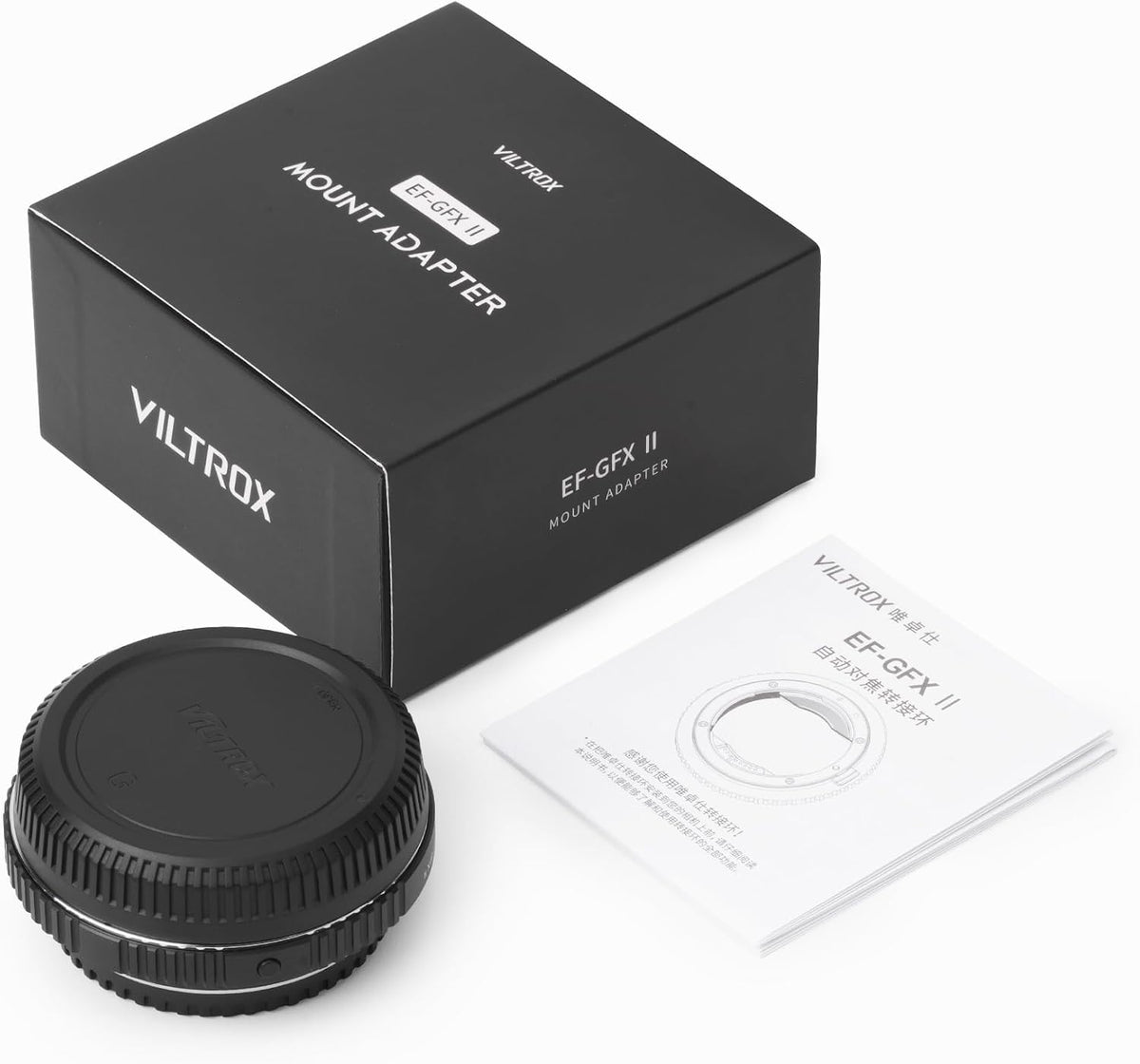 Viltrox EF-GFX II adapter with box, rear cap and manual