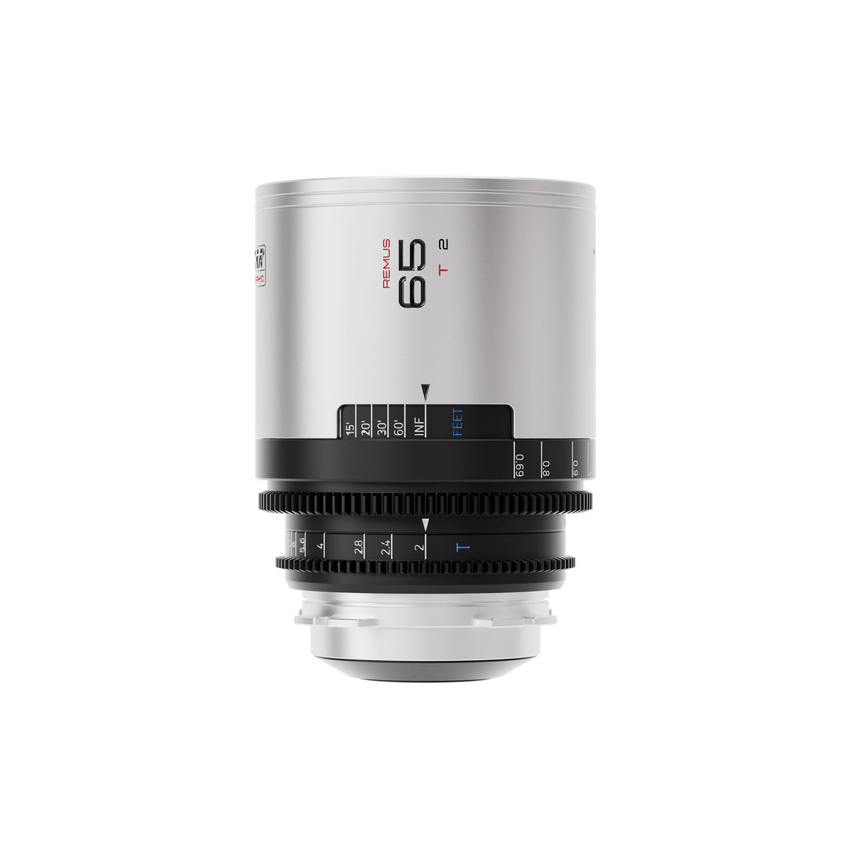 Blazar Remus 65mm T2 1.5x anamorphic cine lens in silver, front view