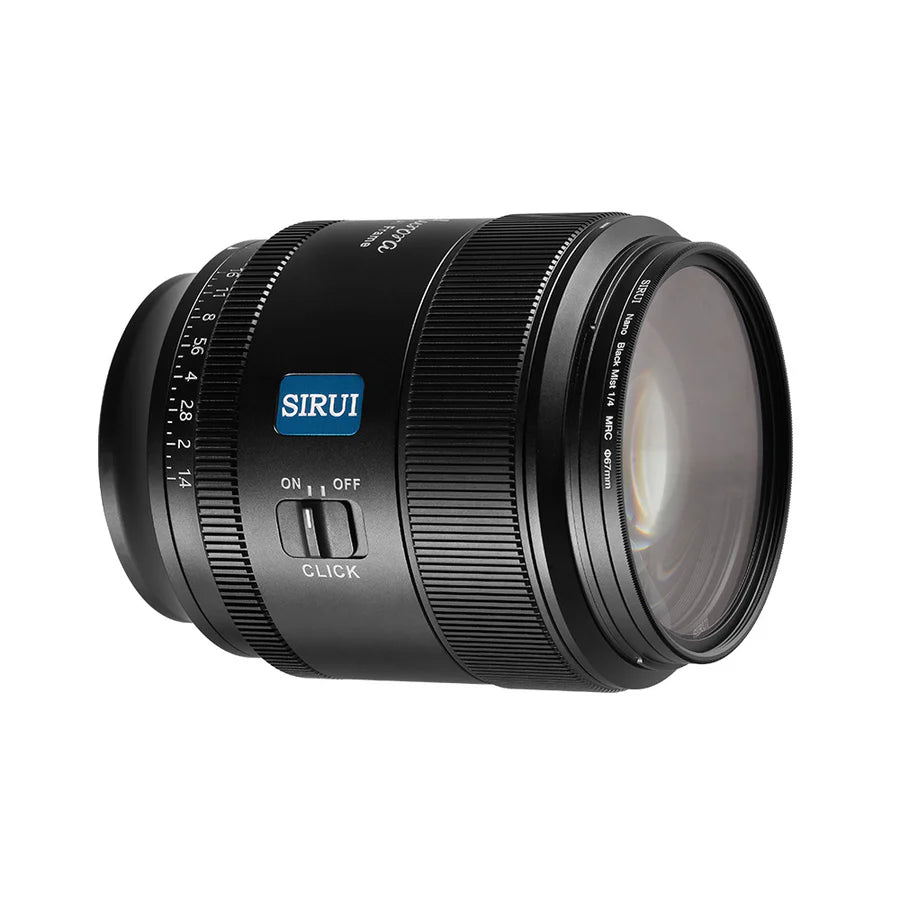 Sirui Aurora 85mm f/1.4 lens, angled view with aperture click switch and fitted filter