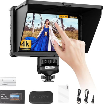 Viltrox DC-X 6 inch 2000 nit touchscreen monitor with sunshade, accessories shown below
