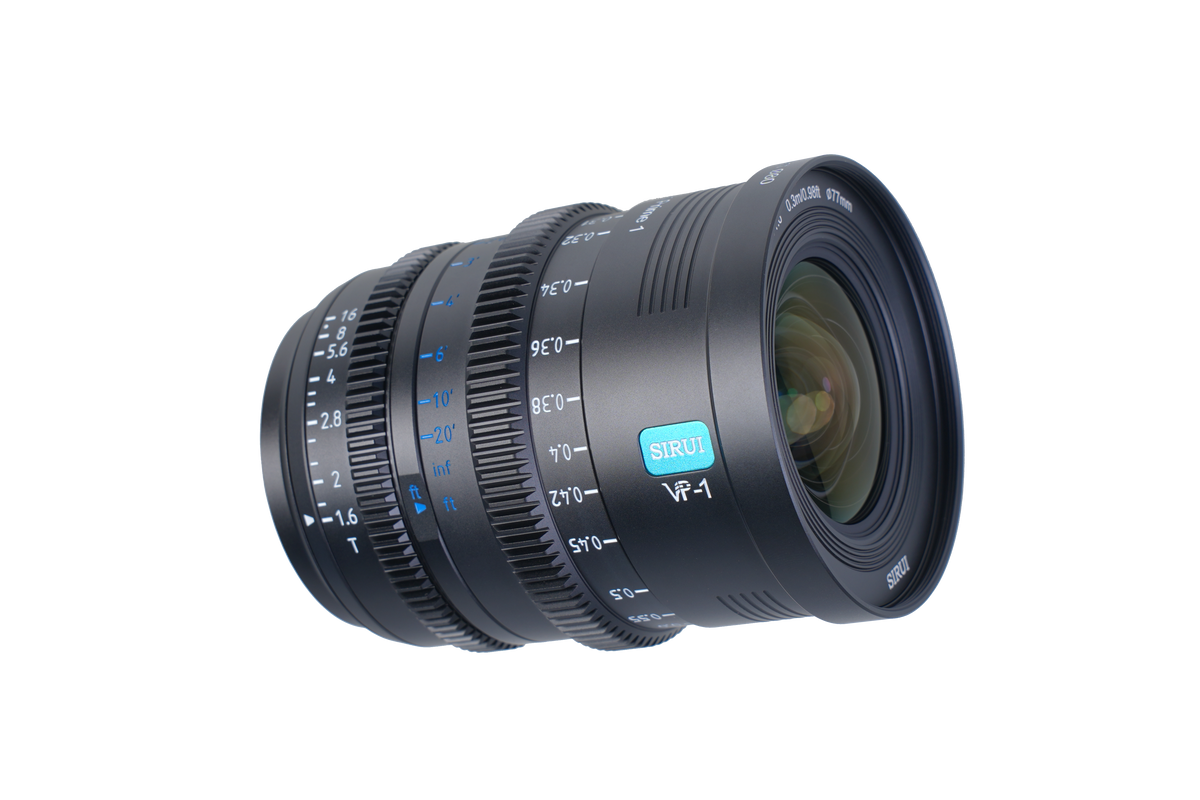 Sirui Vision Prime 15mm T1.6 full-frame cine lens, angled view of the front element