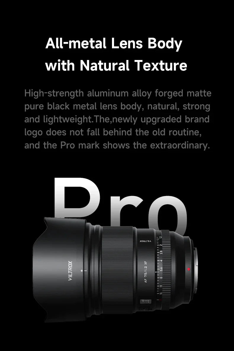 Viltrox AF 75mm f/1.2 Pro all-metal lens body with petal hood