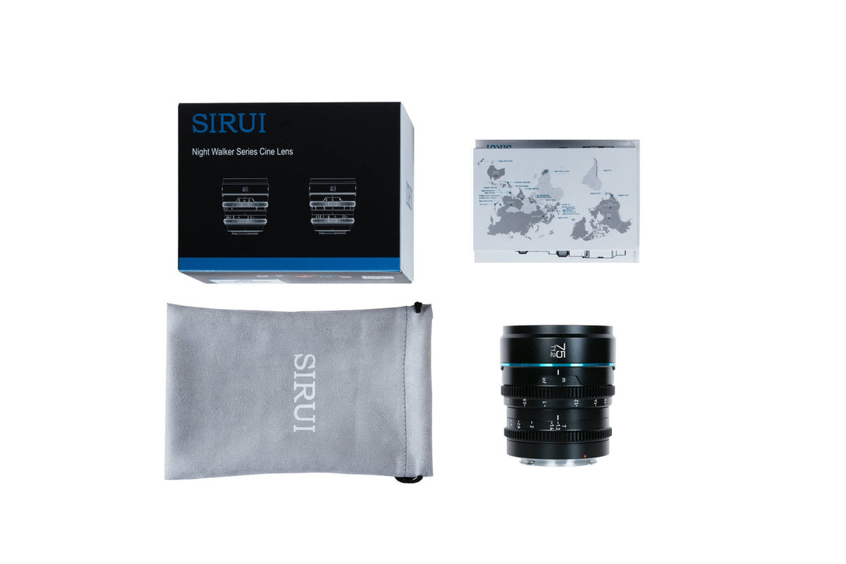 Sirui Night Walker cine lens box contents: box, pouch, lens and manual