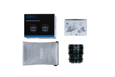 Sirui Night Walker cine lens box contents: box, pouch, lens and manual