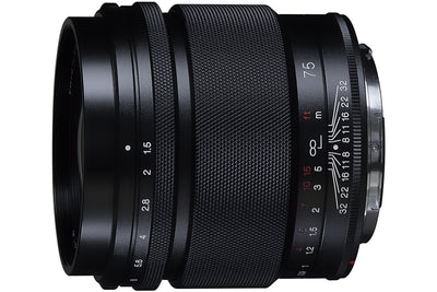 Voigtlander Nokton 75mm f/1.5 Asph lens, side view with focus and depth of field scales