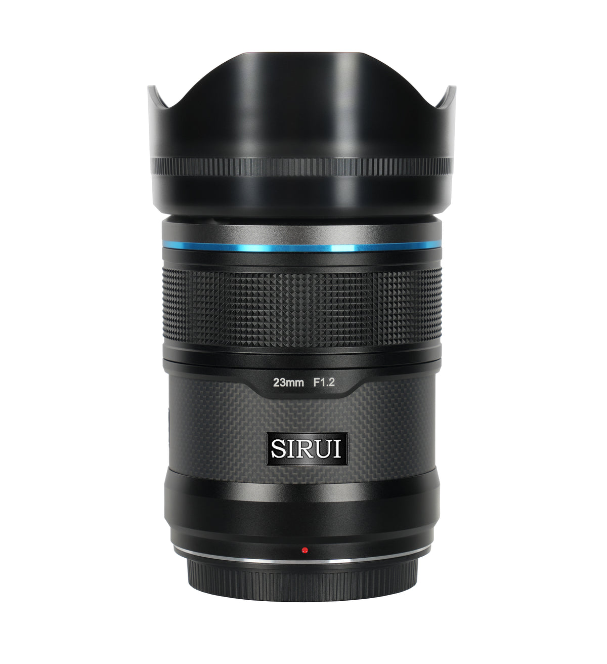 Sirui Sniper AF 23mm f/1.2 APS-C autofocus lens in black carbon fibre, with petal hood
