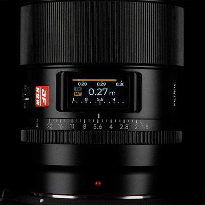 Viltrox AF 16mm f/1.8 close-up of the LCD screen showing 0.27m focus distance