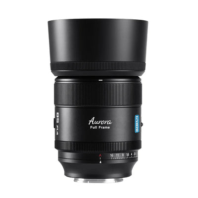 Sirui Aurora AF 85mm f/1.4 full-frame lens with round lens hood fitted