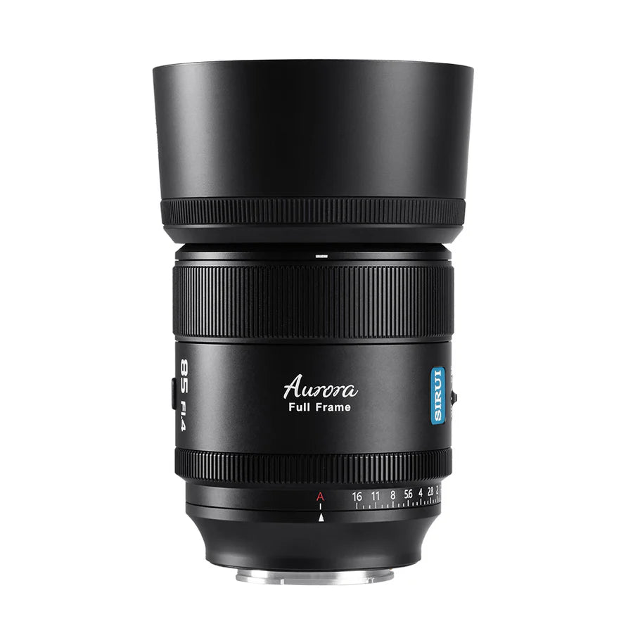 Sirui Aurora AF 85mm f/1.4 full-frame lens with round lens hood fitted