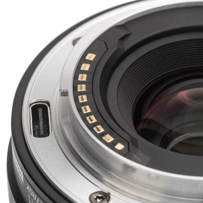 Viltrox AF 20mm f/2.8 rear mount close-up with gold contacts and USB-C port