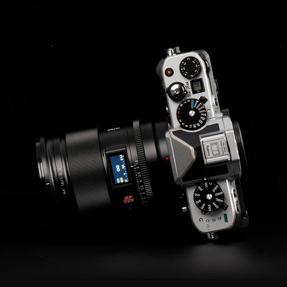 Viltrox AF 16mm f/1.8 Z mounted on a silver Nikon Zf camera, top view