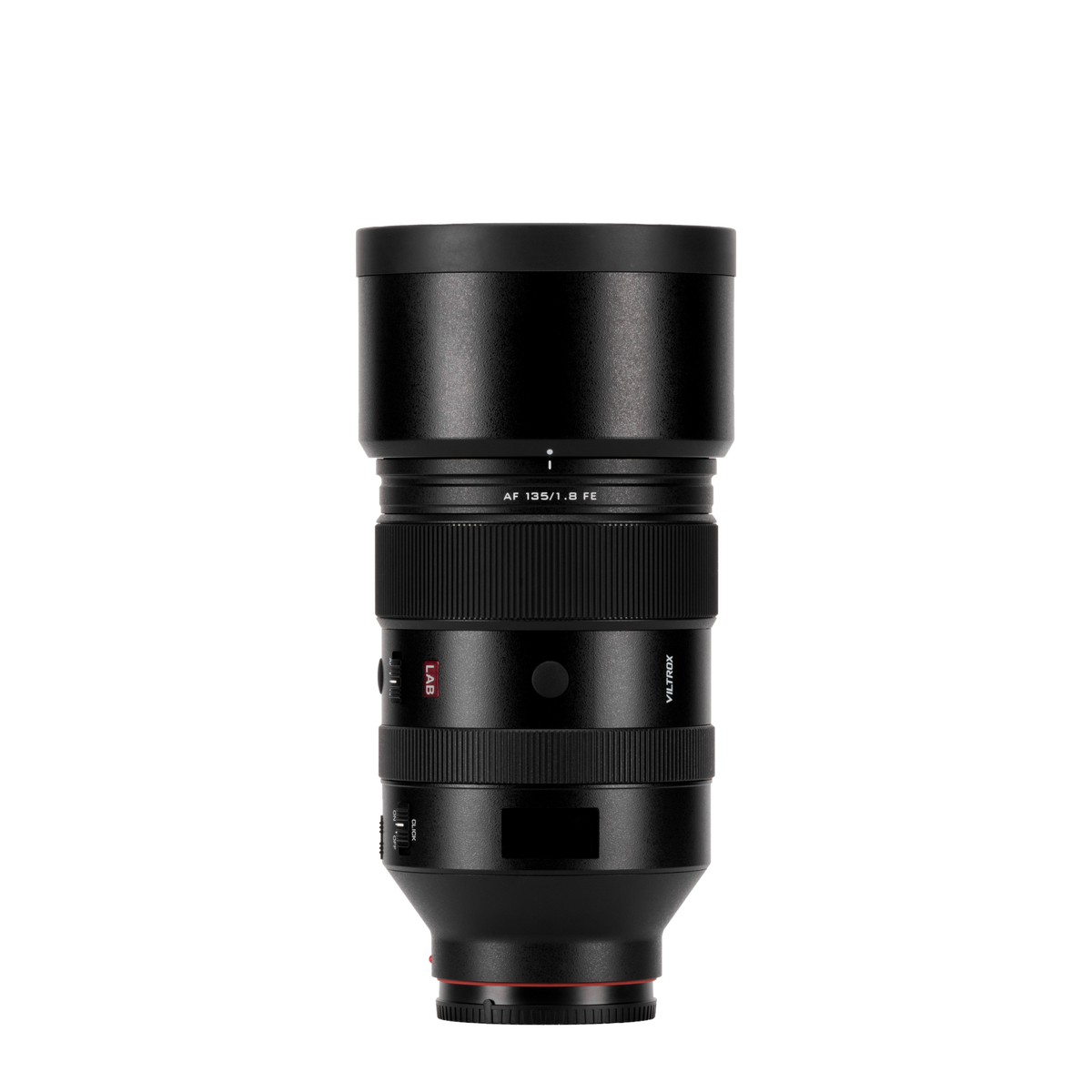 Viltrox LAB AF 135mm f/1.8 FE Sony E lens with round lens hood fitted