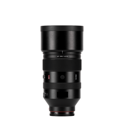 Viltrox LAB AF 135mm f/1.8 FE Sony E lens with round lens hood fitted