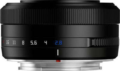 TTArtisan AF 27mm f/2.8 black pancake lens, side view with aperture scale