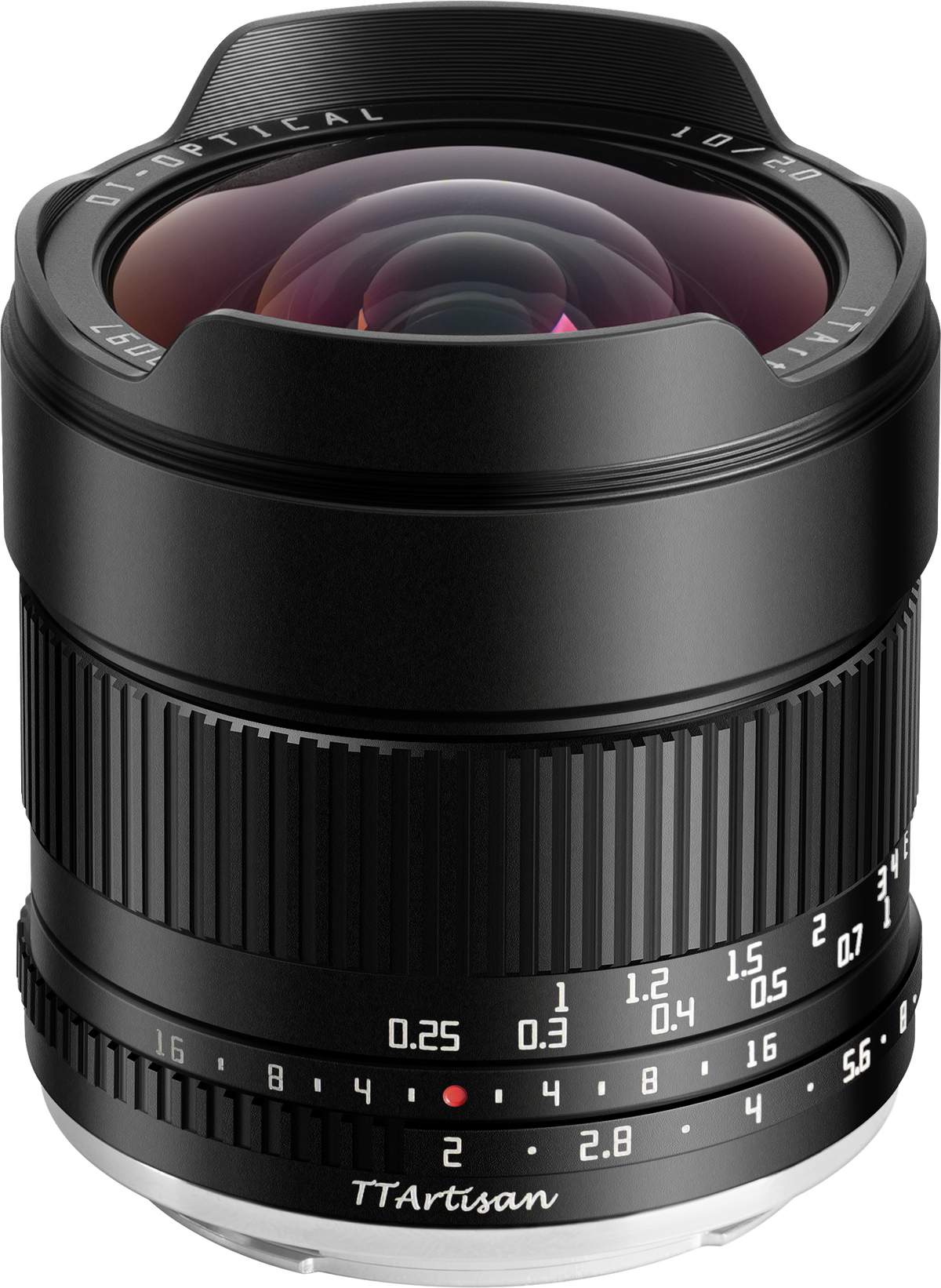 TTArtisan 10mm f/2 APS-C ultra-wide manual focus lens in black, angled front view