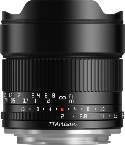 TTArtisan 10mm f/2 ultra-wide lens, side view with feet and metre scales