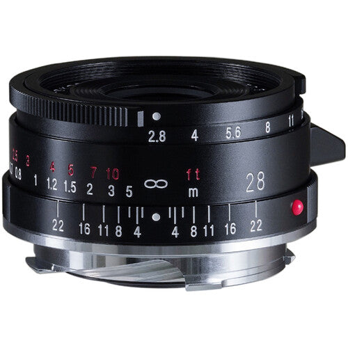 Voigtlander Color-Skopar 28mm f/2.8 II lens for Leica M in black, side view with scales