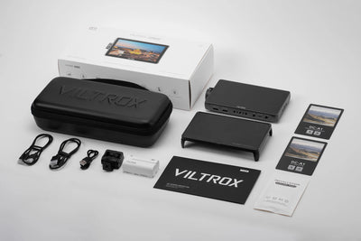 Viltrox DC-A1 monitor kit contents: carry case, sunshade, cables, battery plate and manuals