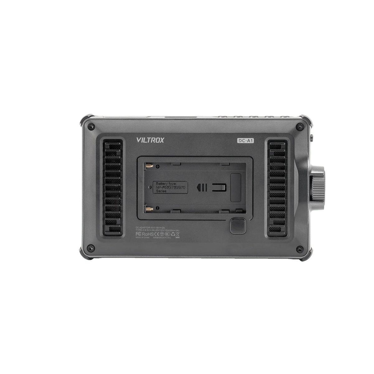 Viltrox DC-A1 monitor rear view with NP-F battery plate and cooling vents