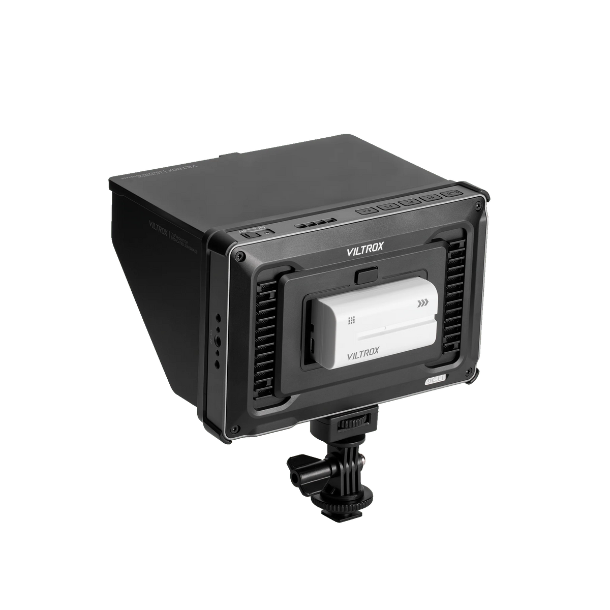 Viltrox DC-L1 monitor back view with battery fitted, sunhood and shoe mount