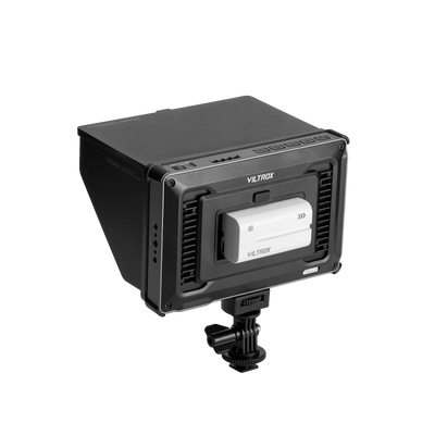 Viltrox DC-L1 monitor back view with battery fitted, sunhood and shoe mount