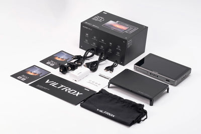 Viltrox DC-L1 monitor kit: box, sunhood, cables, battery, mount and pouch