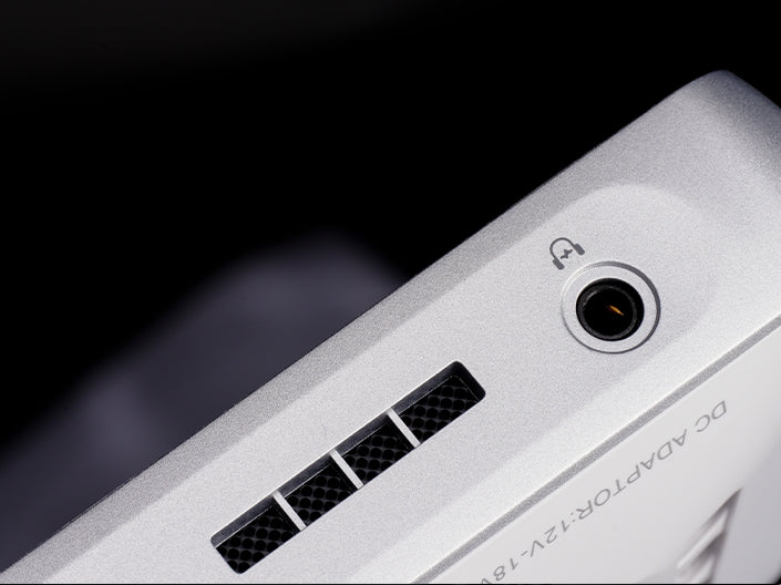 Viltrox DC-V1 white, close-up of headphone jack and cooling vents